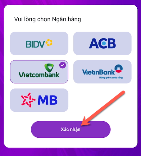 Chọn ngân hàng nạp tiền