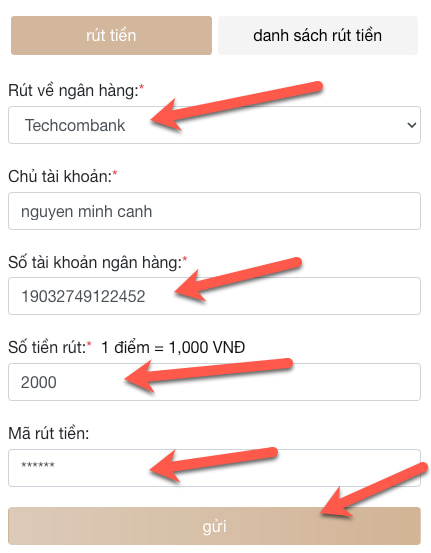 Nhập thông tin rút tiền