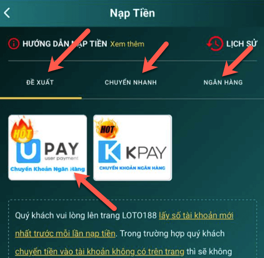 Lựa chọn cổng Nạp Tiền
