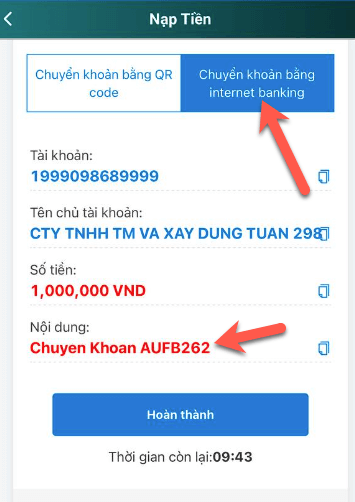 Chuyển khoản nạp tiền Loto188