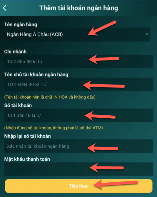Điền thông tin tài khoản ngân hàng